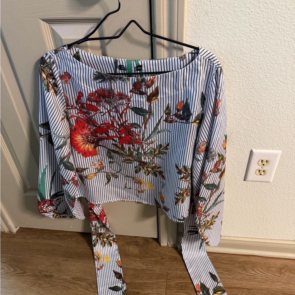Floral Stripe Tie-Front Blouse in White with Multicolor Print